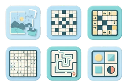 Puzzle games: jigsaw, crossword, arrows, sudoku, maze and shapes